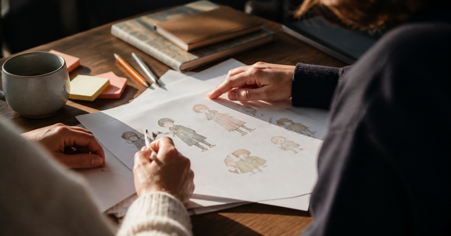 Two people examine and retouch the sketches of characters on a table, surrounded by notebooks, pencils and sticky notes.