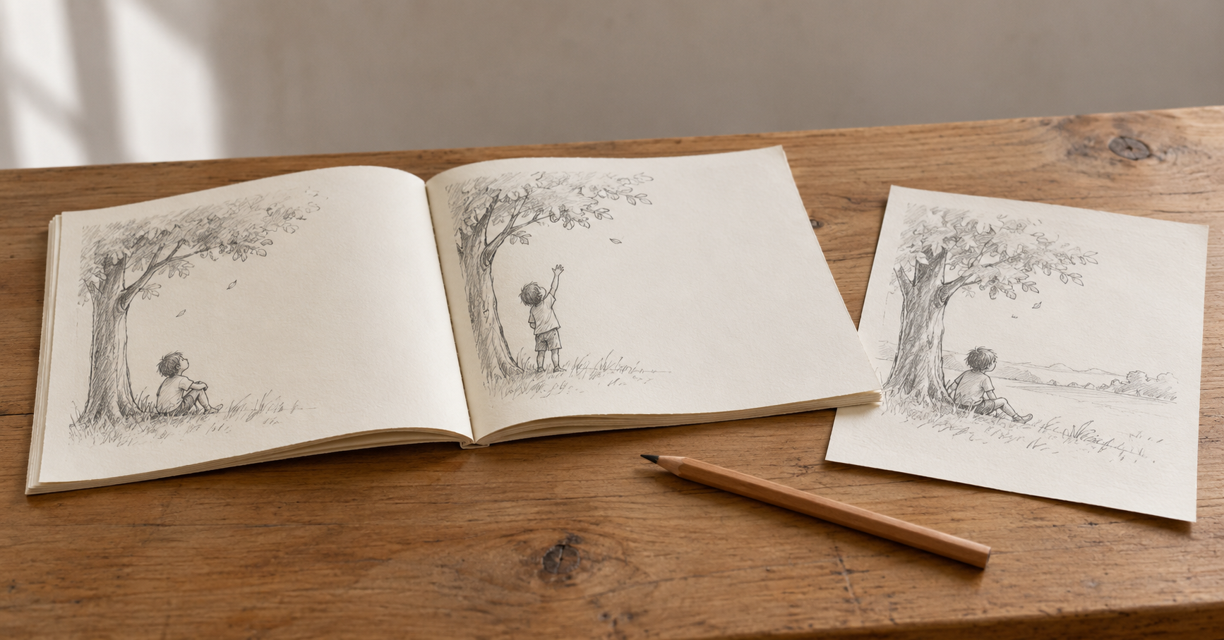 Open sketchbook and separate sheet showing pencil sketches of a child beside a tree, with a pencil on a wooden table.