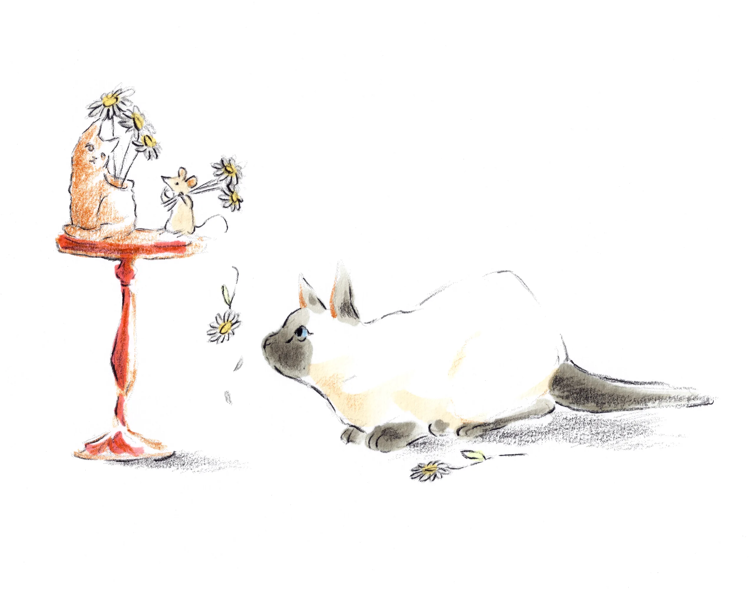 Étude illustrée d’un chat, de souris et de fleurs
