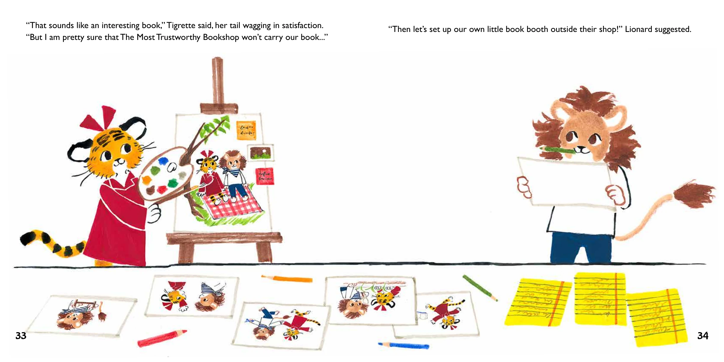 Finished Tigrette and Lionard spread corresponding to the storyboard
