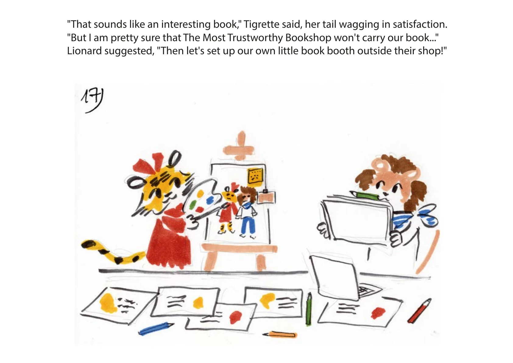 Storyboard page showing Tigrette, Lionard and the visual planning of a book scene