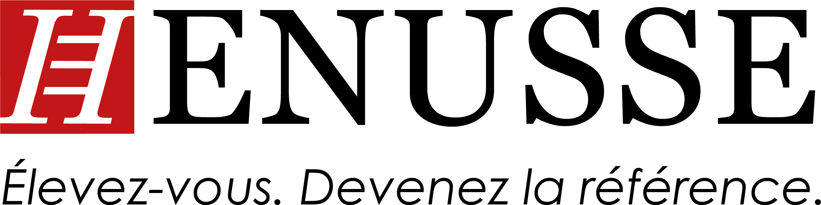 Henusse logo: an H monogram reversed out of a red square, the wordmark in capitals and the line « Élevez-vous. Devenez la référence. »