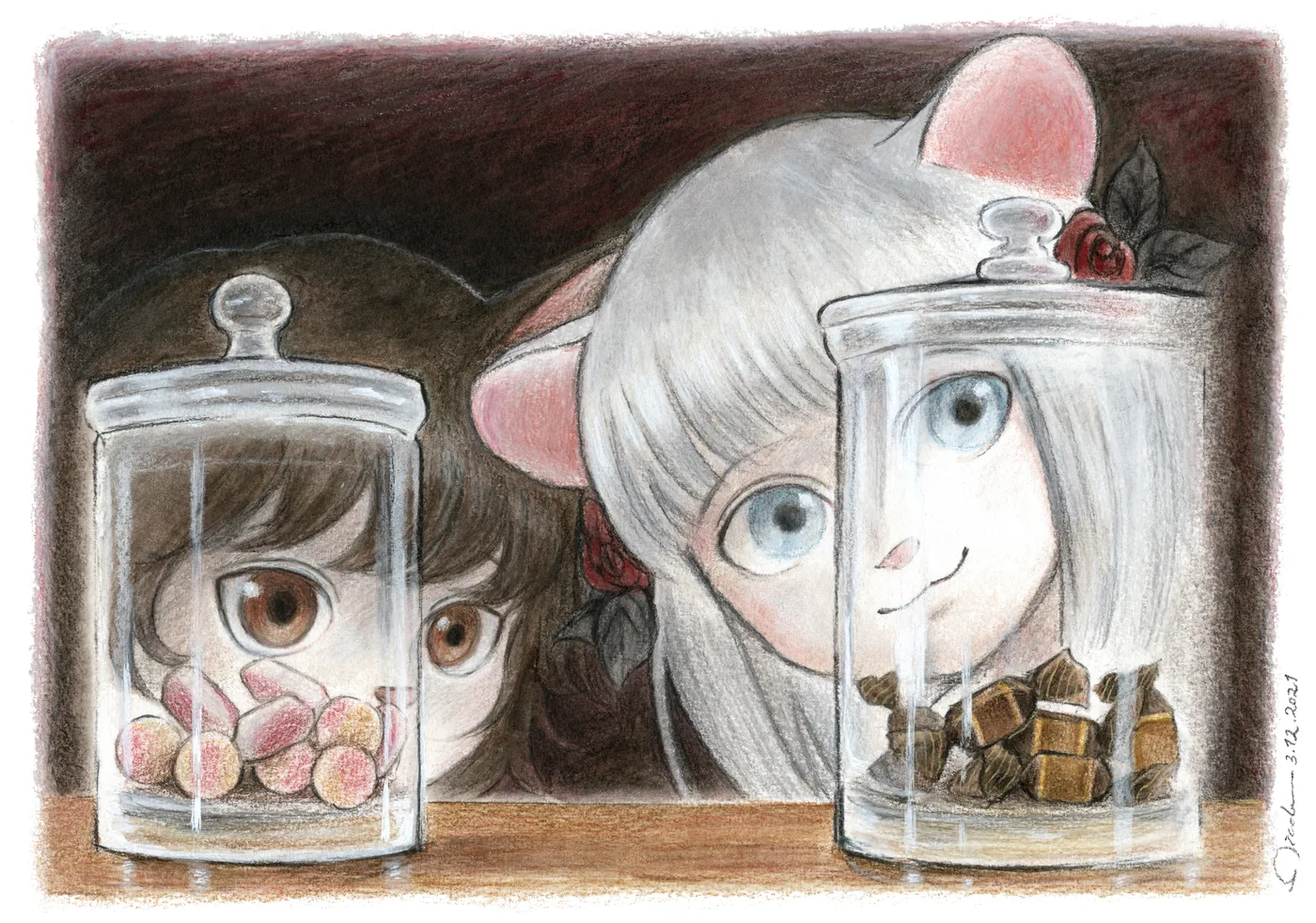 Deux chats observent des bocaux de bonbons et de chocolats posés sur une table.