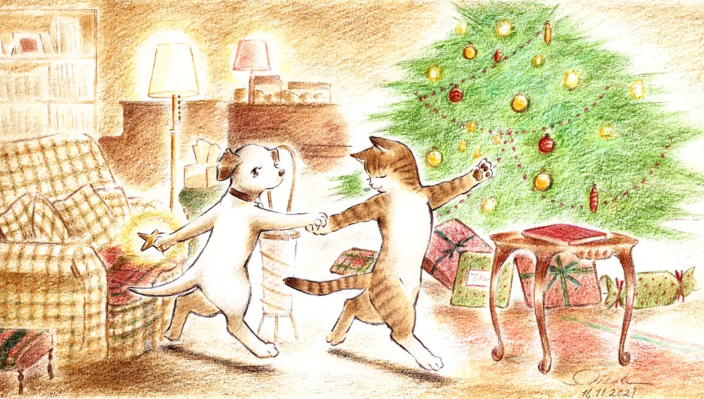 Un chien et un chat anthropomorphes dansent devant un sapin de Noël et des cadeaux.