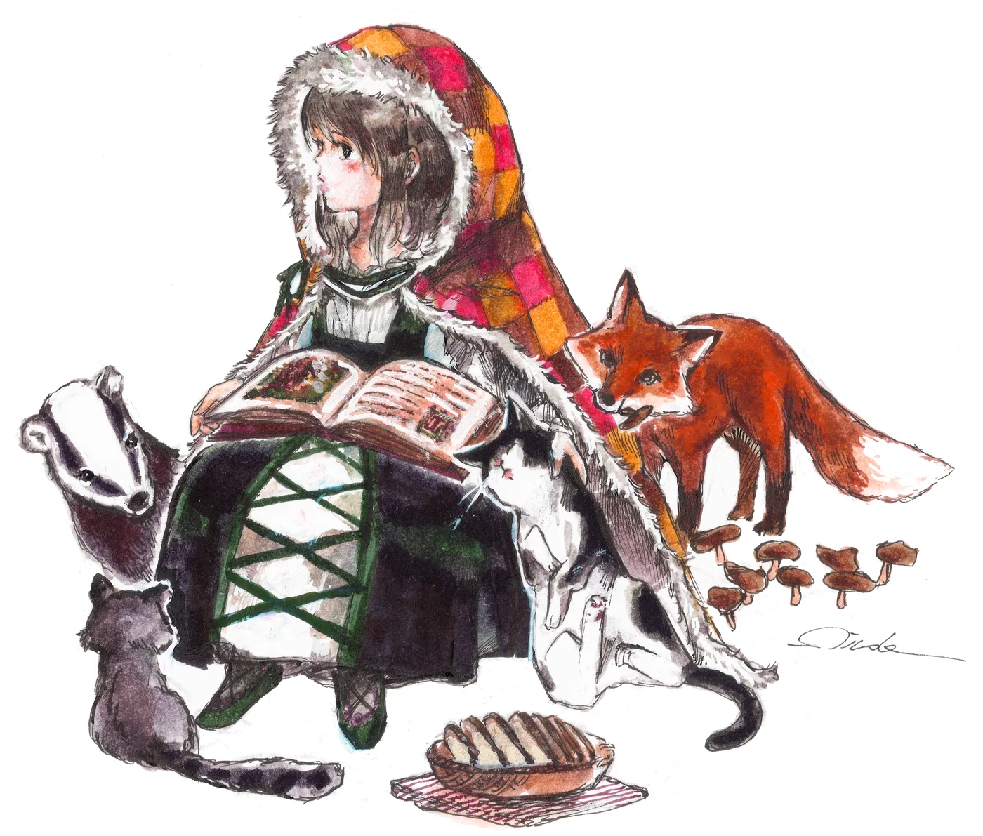 Jeune femme lisant dans une forêt, entourée d’un renard, d’un blaireau, d’un lapin et d’un chat.