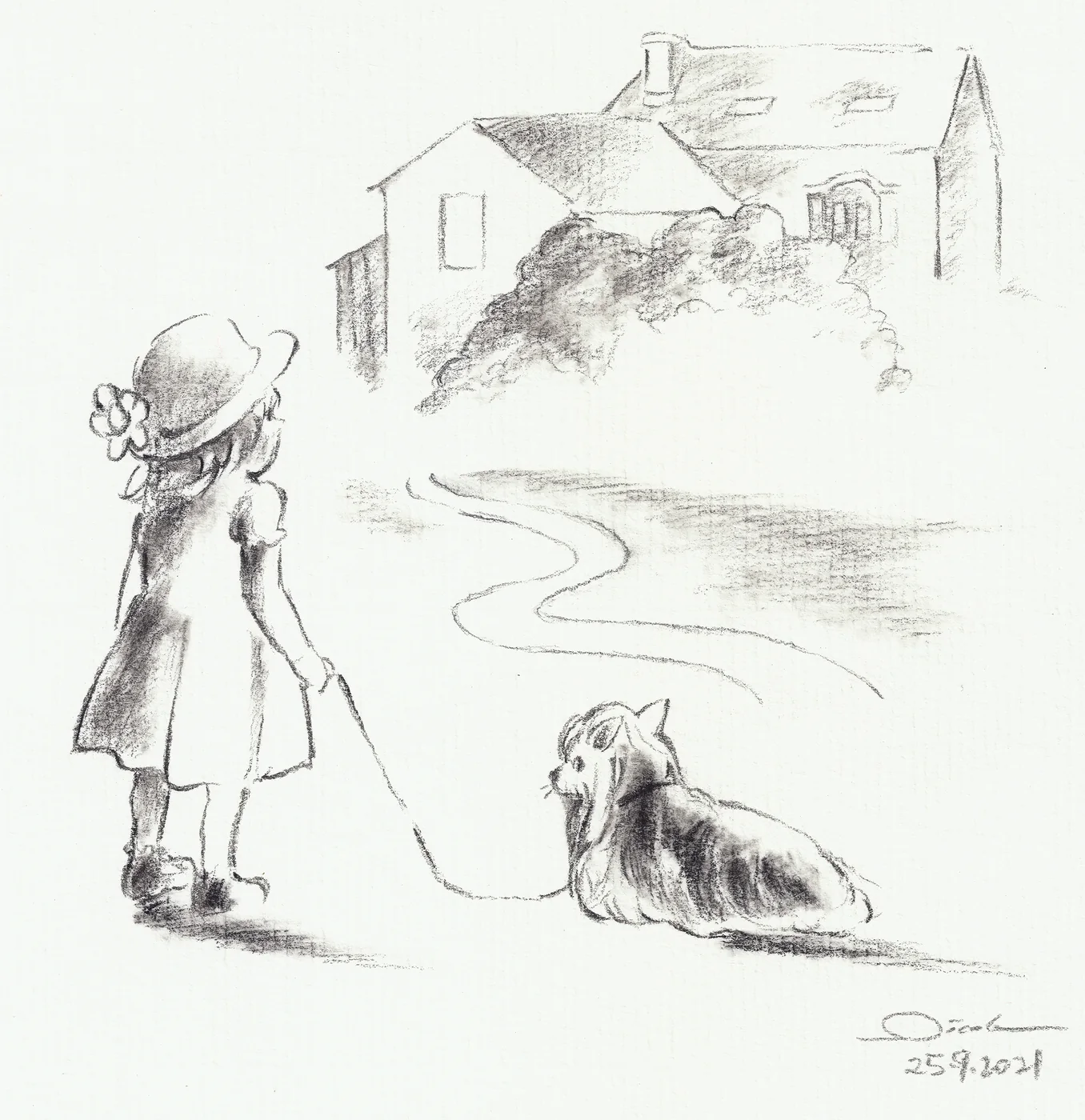 Dessin d’une fillette tenant son chien en laisse devant un chemin menant à un village