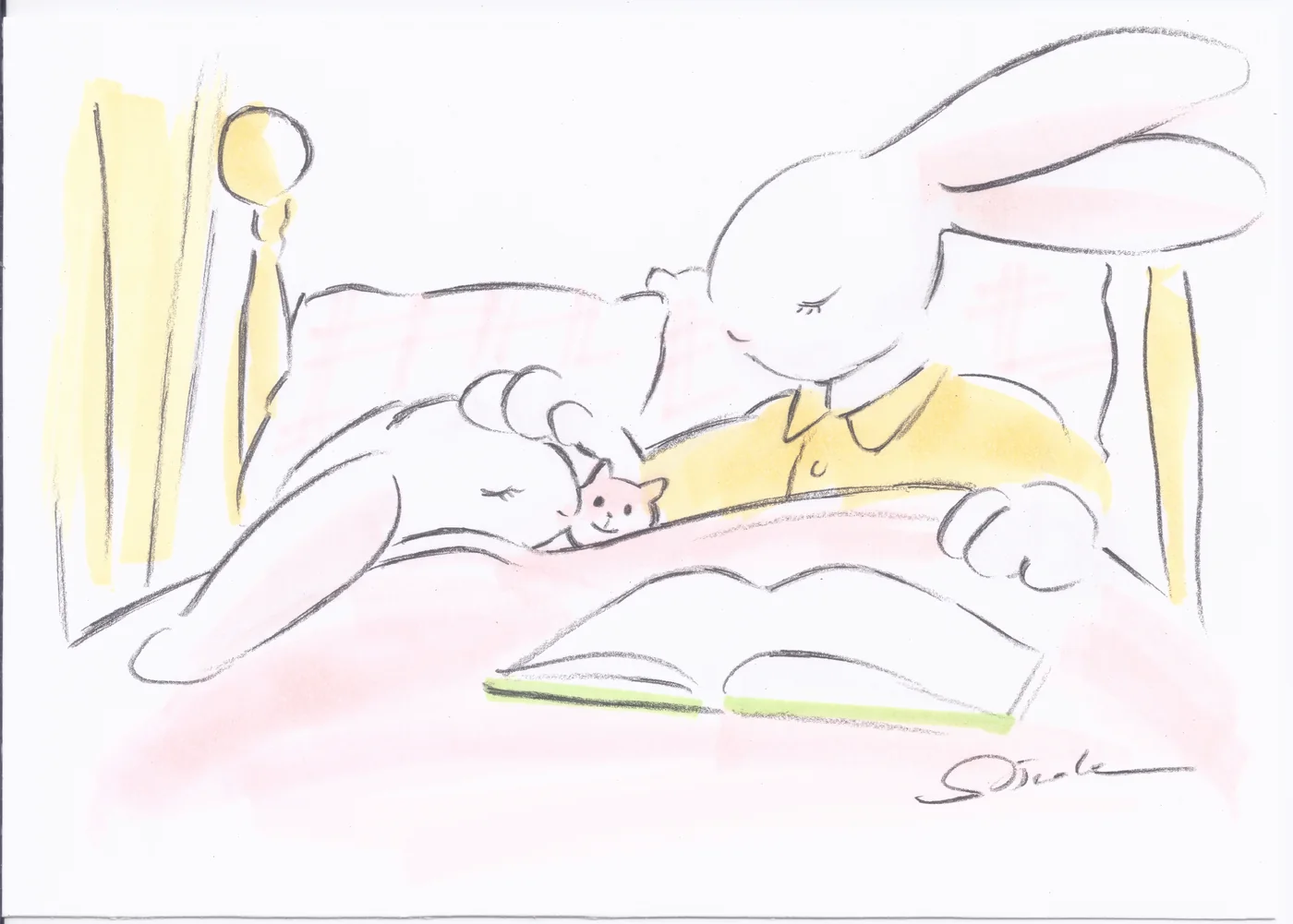 Lapine lisant un livre près d’un lapereau endormi dans un lit