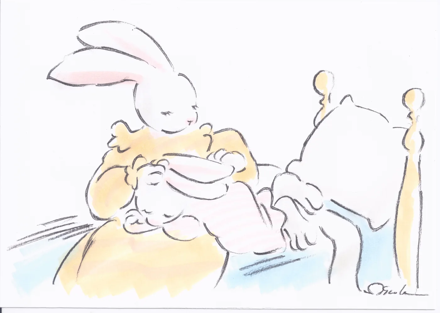 Lapine en robe jaune portant un lapereau endormi devant un lit