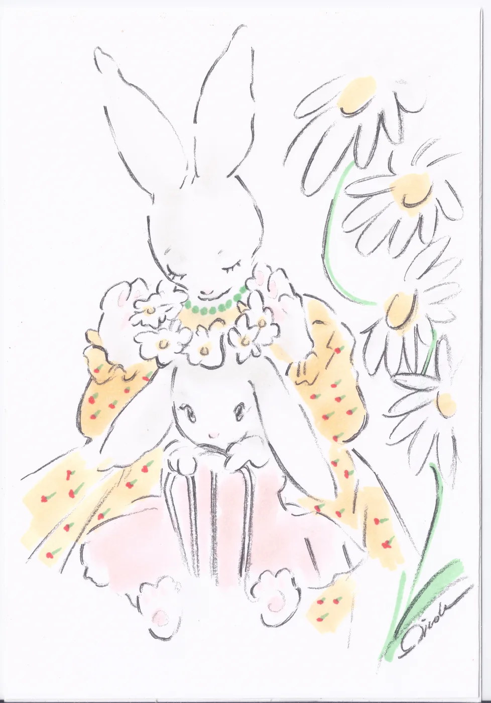 Lapine en robe jaune posant une couronne de marguerites sur un lapereau assis