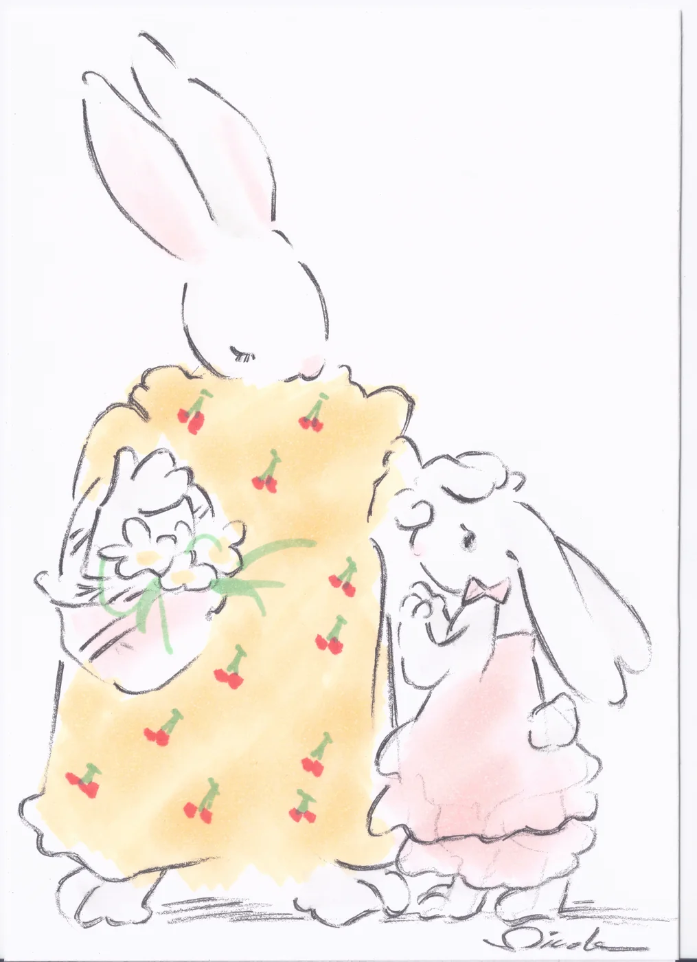 Lapereau en tenue rose offrant un bouquet de marguerites à une lapine en robe jaune