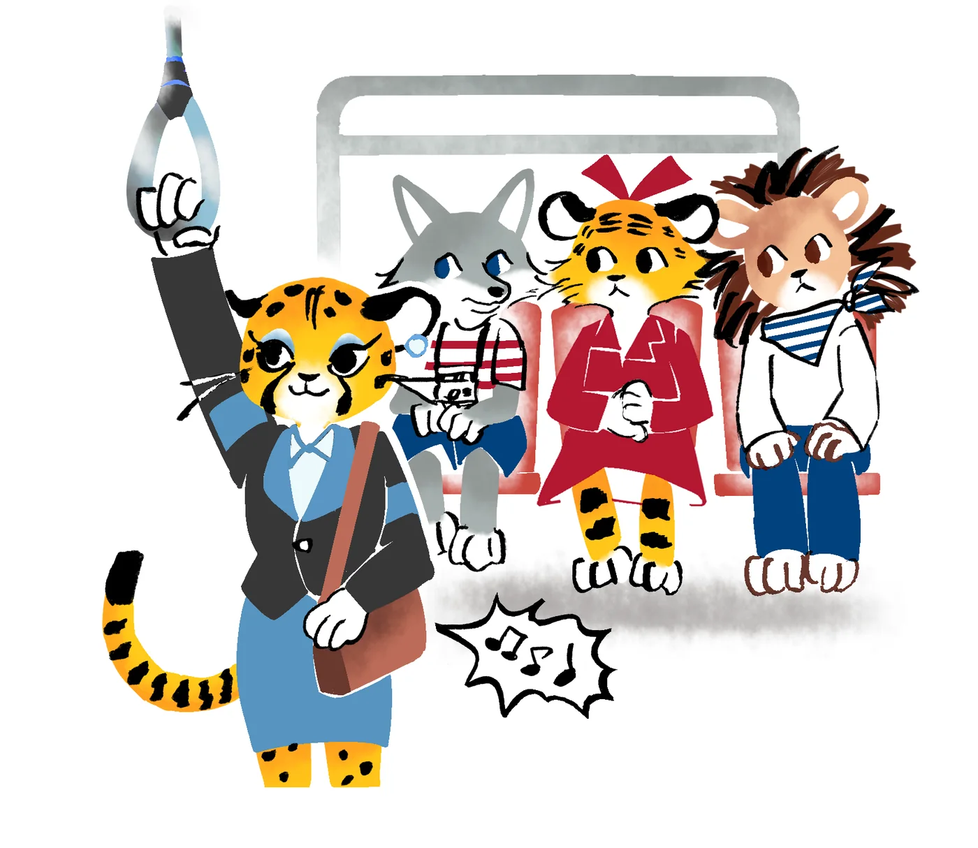 Tigrette, Lionard et deux loups assis dans une rame de métro
