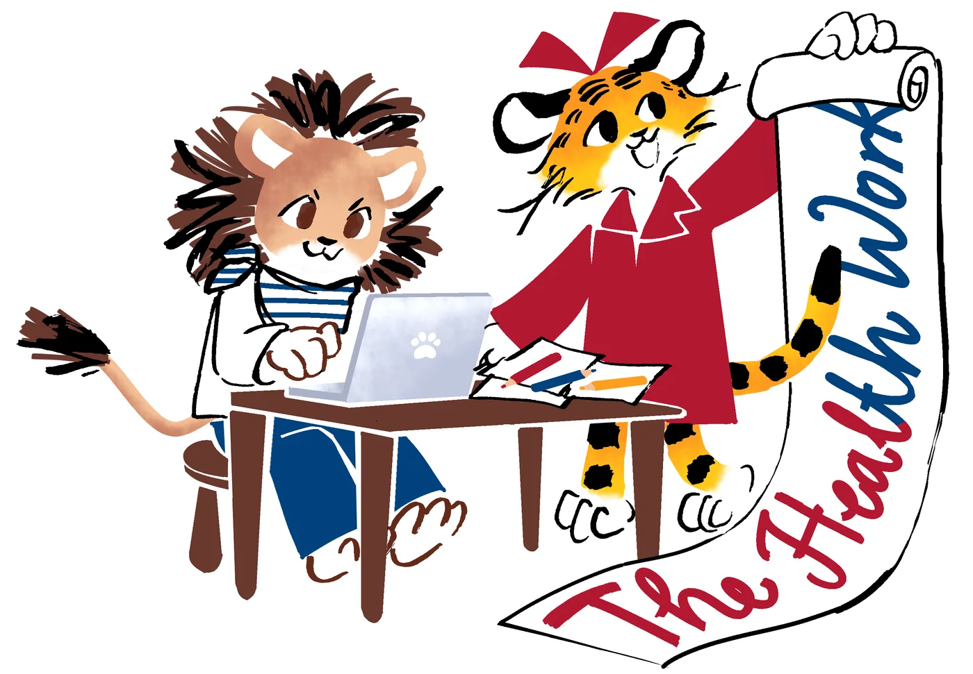 Tigrette and Lionard composition combining characters, objects and text