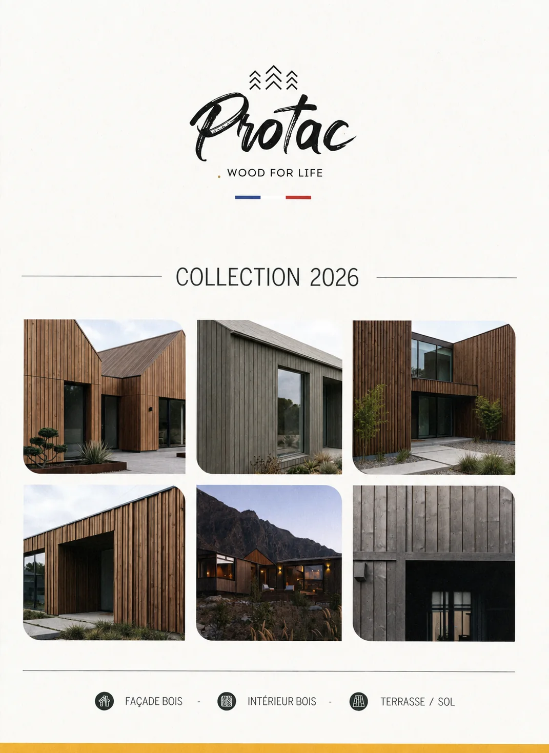 Cover of the Protac Collection 2026 catalogue: the hand-drawn logo above a mosaic of timber facades.
