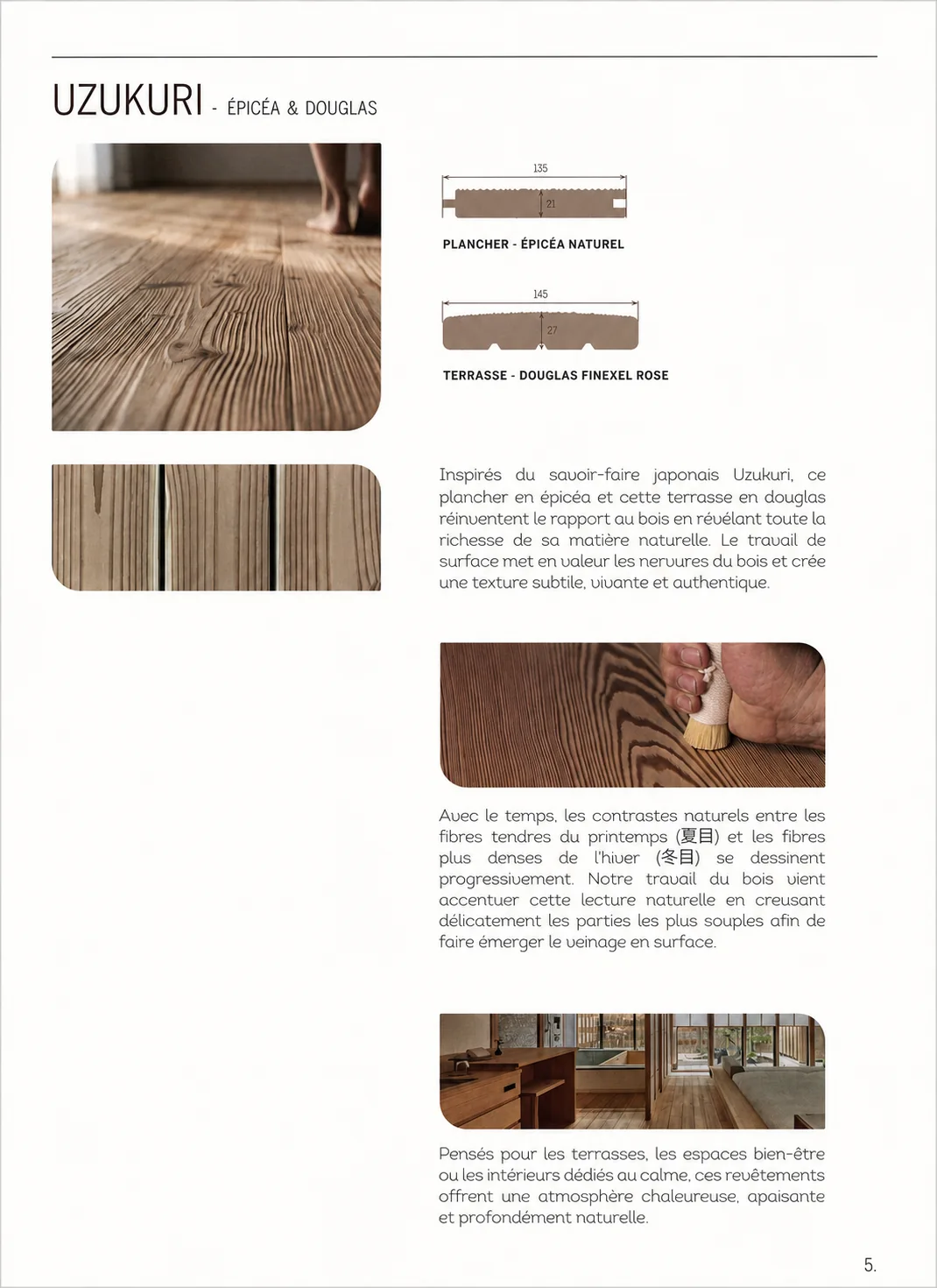 Uzukuri page of the Protac catalogue: spruce flooring and douglas decking, with copy, photography and technical profiles.