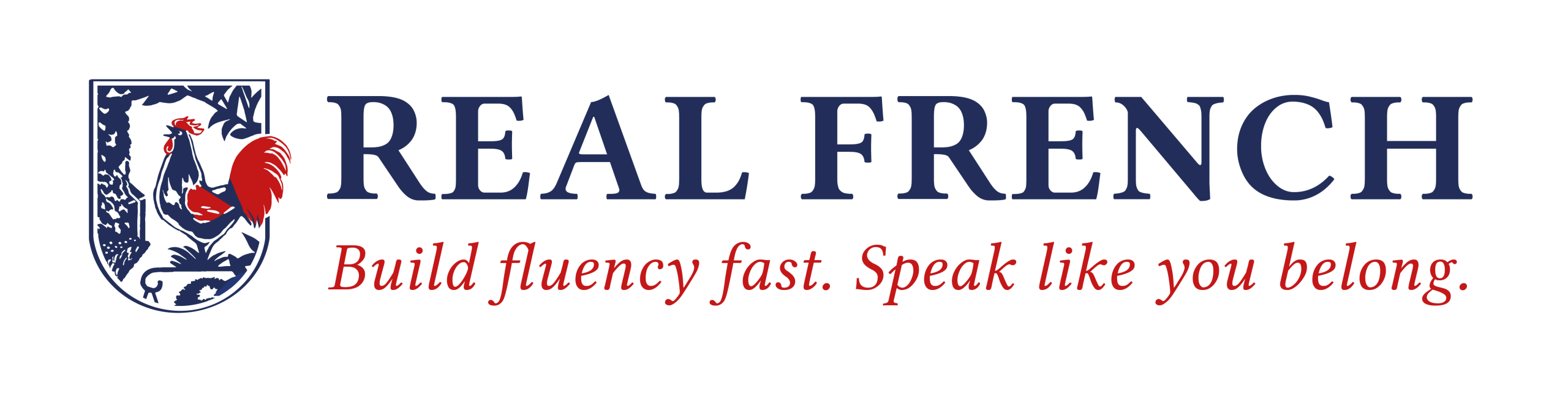 Horizontal Real French logo with a blue shield, red rooster and brand name