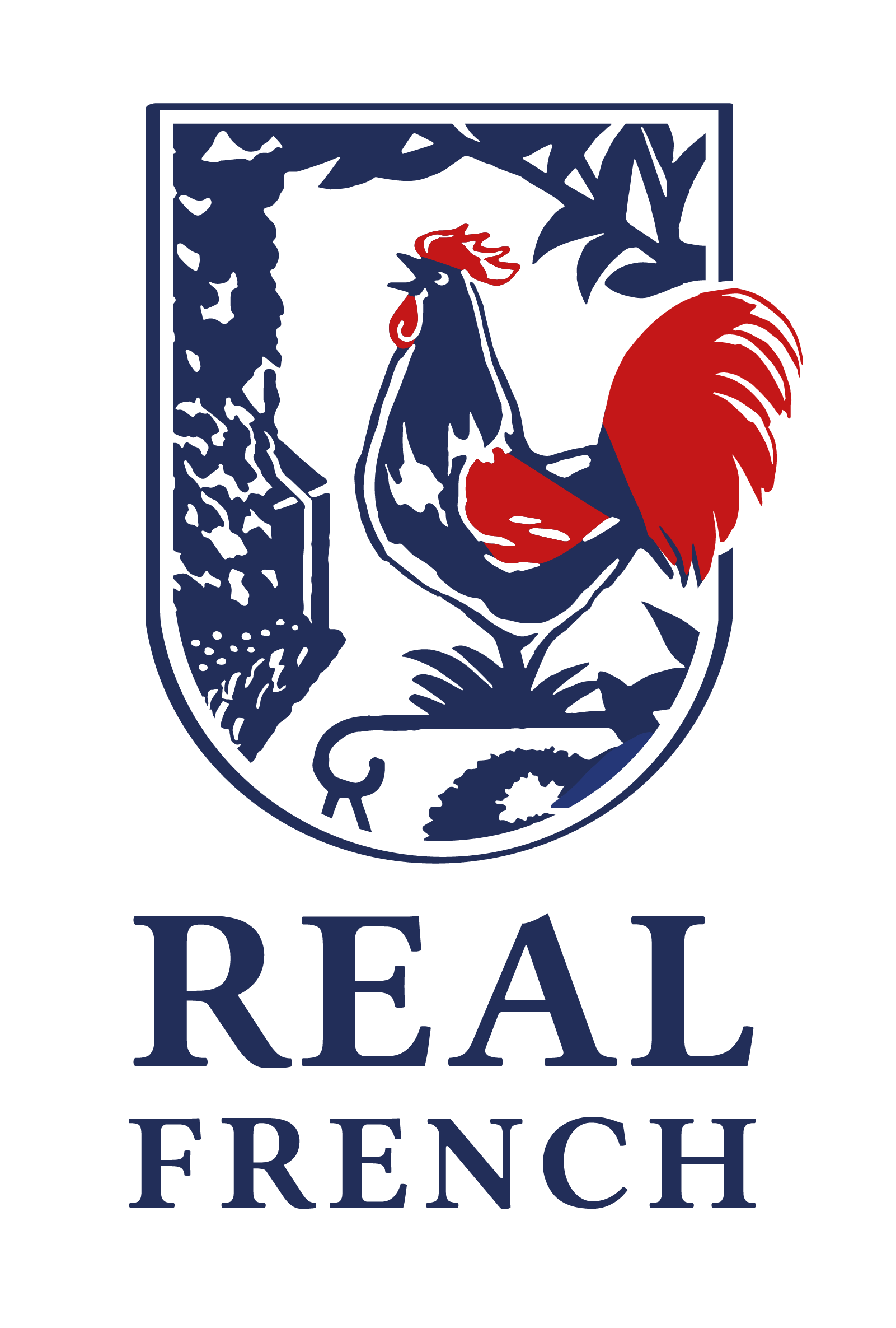 Vertical Real French logo with an illustrated shield above the name
