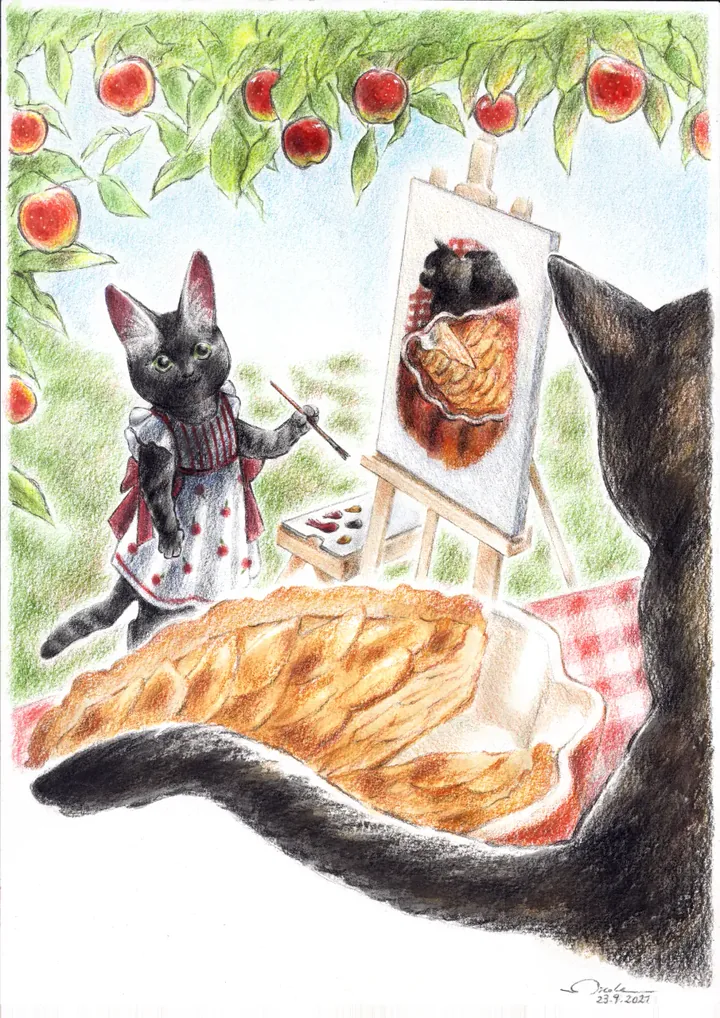 Black cat painting a portrait of a ginger cat beneath an apple tree.